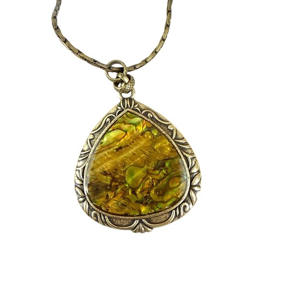 Vintage Abalone Pendant Necklace Double Sided Bird Floral Brass Tone 2.5" - Picture 2 of 8